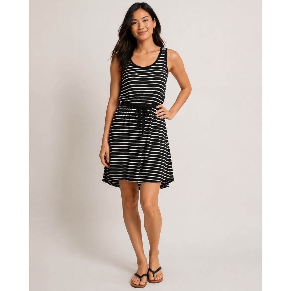 Gap‎ XS Black White Striped Rayon Tank Dress Drawstring Waist Hi Low Hem